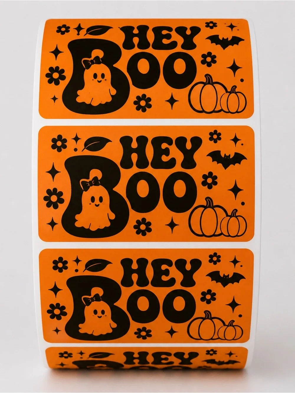 100 Orange Hey Boo Stickers 2x1 Cute Halloween Ghost Pumpkin Packaging Labels